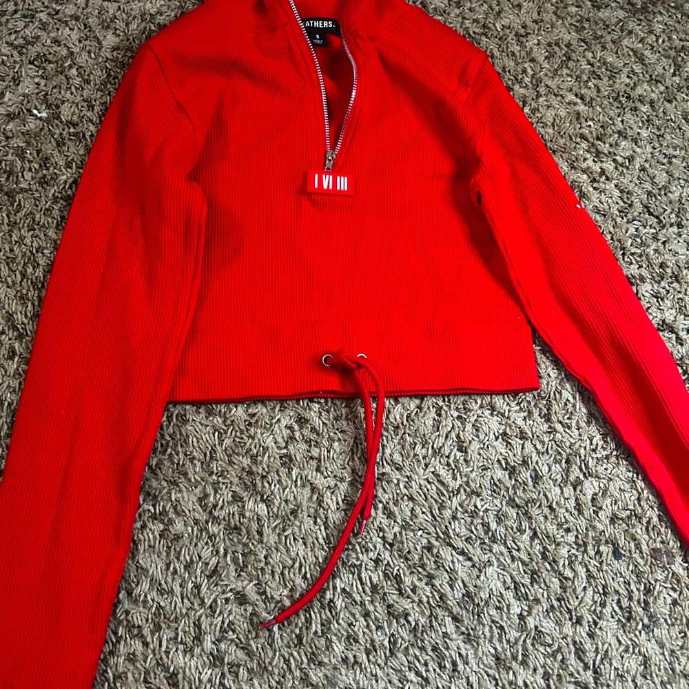 Red Ribbed Zip-Up Hoodie